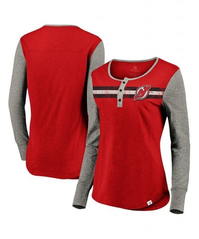 Women's Branded Red New Jersey Devils Striped Henley Long Sleeve Red $25.43 Tops