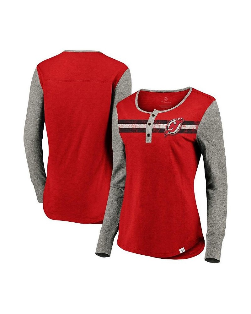 Women's Branded Red New Jersey Devils Striped Henley Long Sleeve Red $25.43 Tops