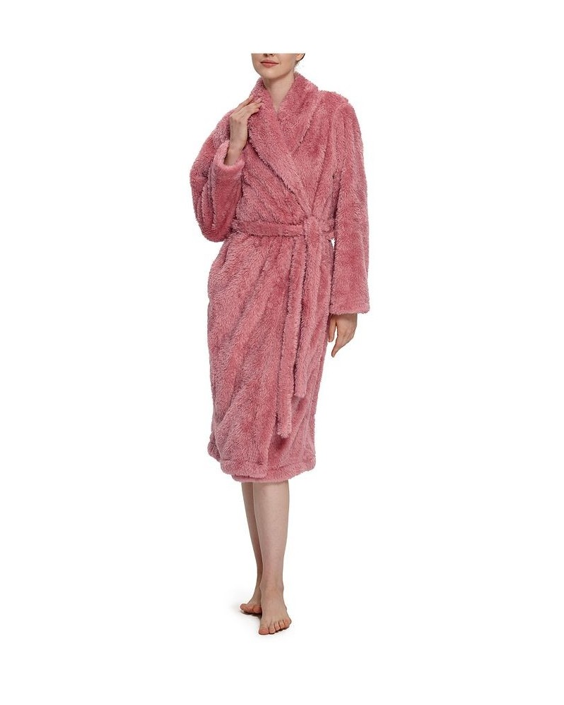 Women's Shawl Collar Belted Fluffie Robe Pink $44.10 Sleepwear