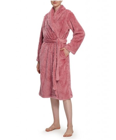 Women's Shawl Collar Belted Fluffie Robe Pink $44.10 Sleepwear