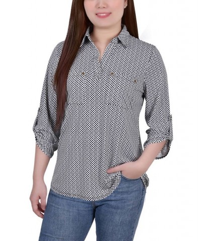 Women's 3/4 Ruched Sleeve Studded Y-neck Top Circles and Diamonds $13.86 Tops