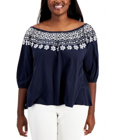 Plus Size Off-The-Shoulder Embroidered Top Blue $22.39 Tops