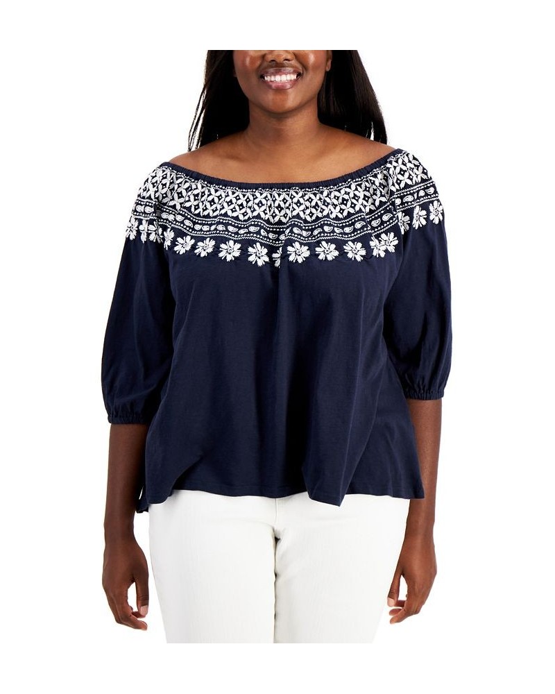 Plus Size Off-The-Shoulder Embroidered Top Blue $22.39 Tops