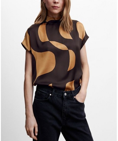 Women's High Neck Printed Blouse Brown $28.80 Tops