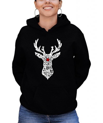 Women's Santa's Reindeer Word Art Hooded Sweatshirt Black $30.59 Sweatshirts