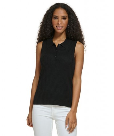 Women's Ribbed Sleeveless Polo Sweater Black $34.75 Sweaters