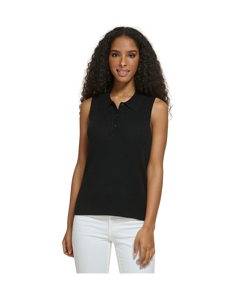 Women's Ribbed Sleeveless Polo Sweater Black $34.75 Sweaters