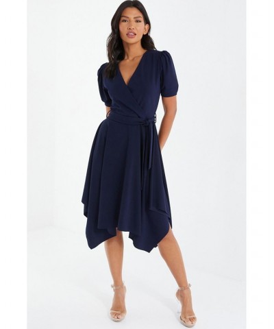 Puff Sleeve Hanky Hem Dress - Women Navy $45.58 Dresses