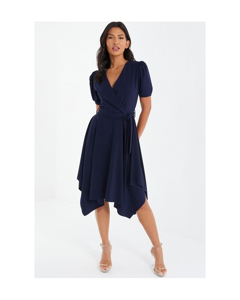 Puff Sleeve Hanky Hem Dress - Women Navy $45.58 Dresses