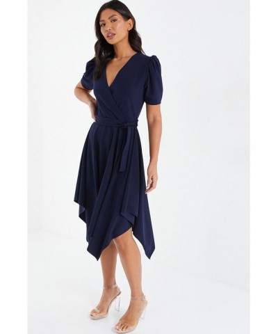 Puff Sleeve Hanky Hem Dress - Women Navy $45.58 Dresses