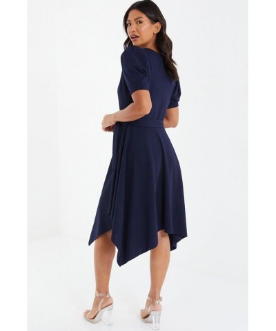 Puff Sleeve Hanky Hem Dress - Women Navy $45.58 Dresses