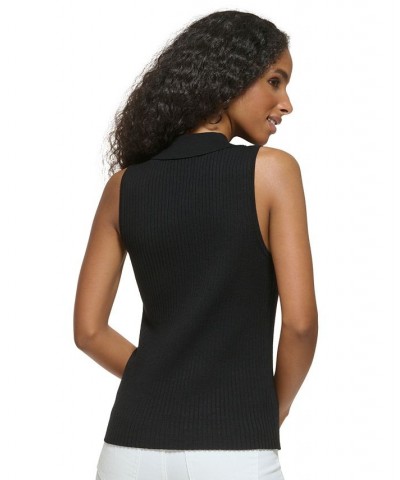 Women's Ribbed Sleeveless Polo Sweater Black $34.75 Sweaters