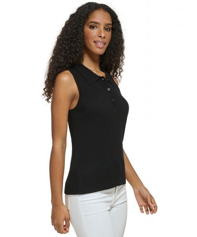 Women's Ribbed Sleeveless Polo Sweater Black $34.75 Sweaters