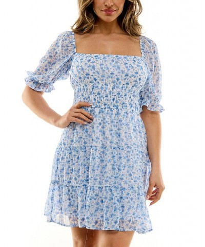 Juniors' Floral-Print Smocked-Waist Tiered Dress Ivory/Blue Floral $33.04 Dresses