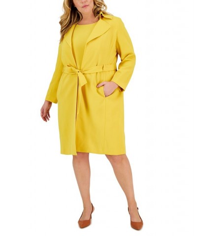 Plus Size Belted Trench Jacket and Sheath Dress Yellow $96.80 Suits