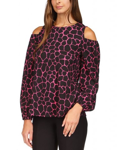 Women's Giraffe Print Cold-Shoulder Top Cerise $29.52 Tops