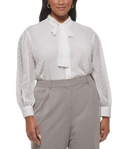 Plus Size Tie-Neck Clip-Dot Long-Sleeve Top Cream $28.07 Tops