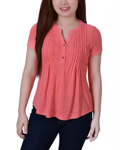 Women's Short Sleeve Y-Neck Jacquard Knit Top Sugar Coral $16.96 Tops