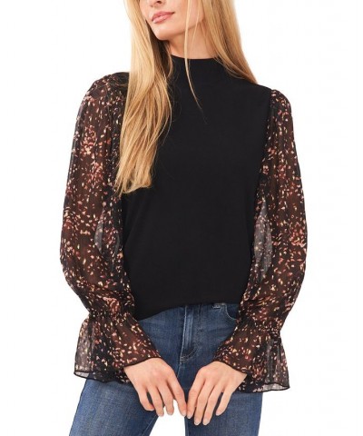 Women's Mock Neck Printed Clip Dot Top Rich Black $33.97 Tops