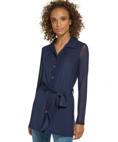 Women's Mesh Button-Front Belted Tunic Twilight $23.22 Tops