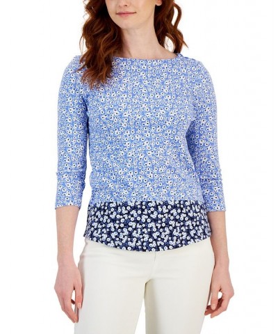 Petite Cotton Colorblocked Mel Bloom Print Top Blue $11.50 Tops