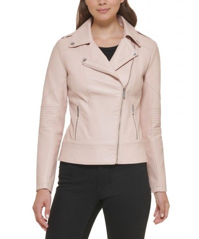 Women's Asymmetric Faux-Leather Moto Jacket Pink $38.00 Coats