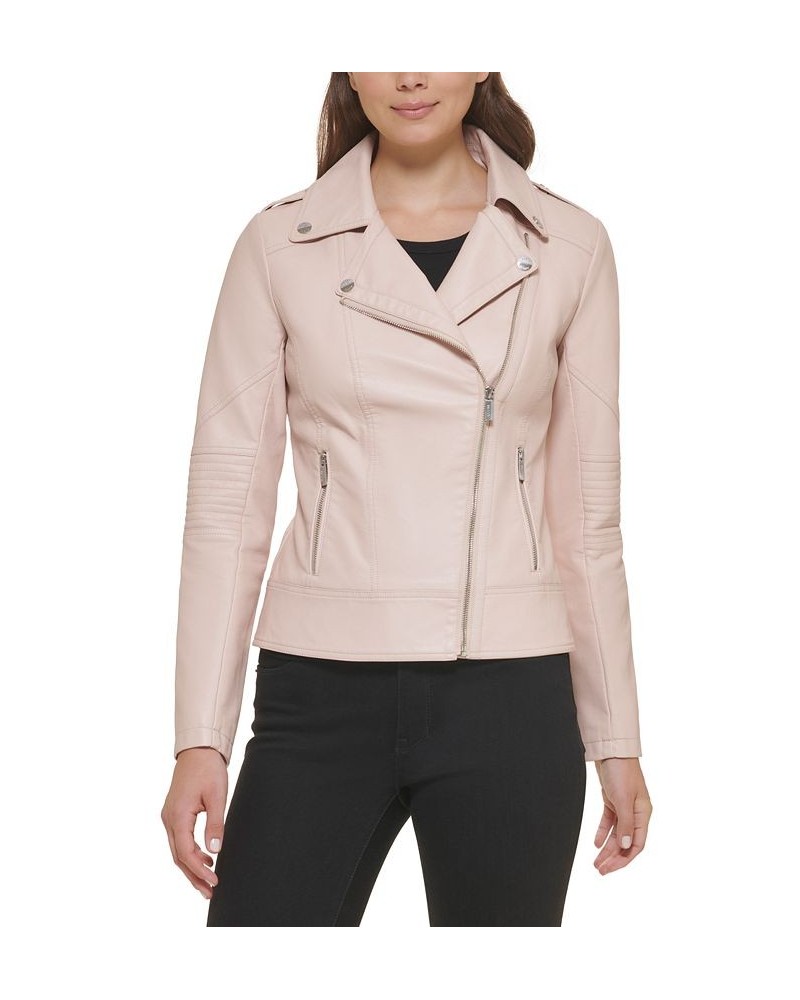 Women's Asymmetric Faux-Leather Moto Jacket Pink $38.00 Coats