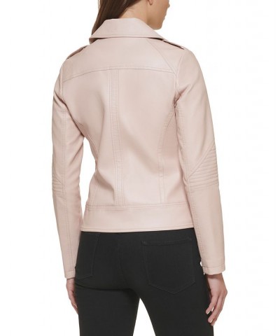 Women's Asymmetric Faux-Leather Moto Jacket Pink $38.00 Coats