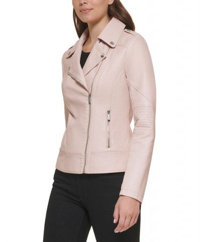 Women's Asymmetric Faux-Leather Moto Jacket Pink $38.00 Coats