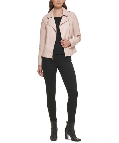 Women's Asymmetric Faux-Leather Moto Jacket Pink $38.00 Coats