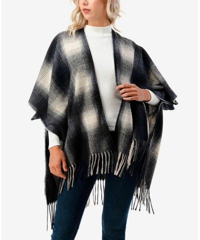 Women's Plaid Open-Front Fringe-Trim Poncho Black $31.60 Sweaters