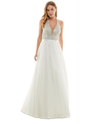 Juniors' Bead-Embellished Sleeveless Halter Gown Ivory $47.60 Dresses