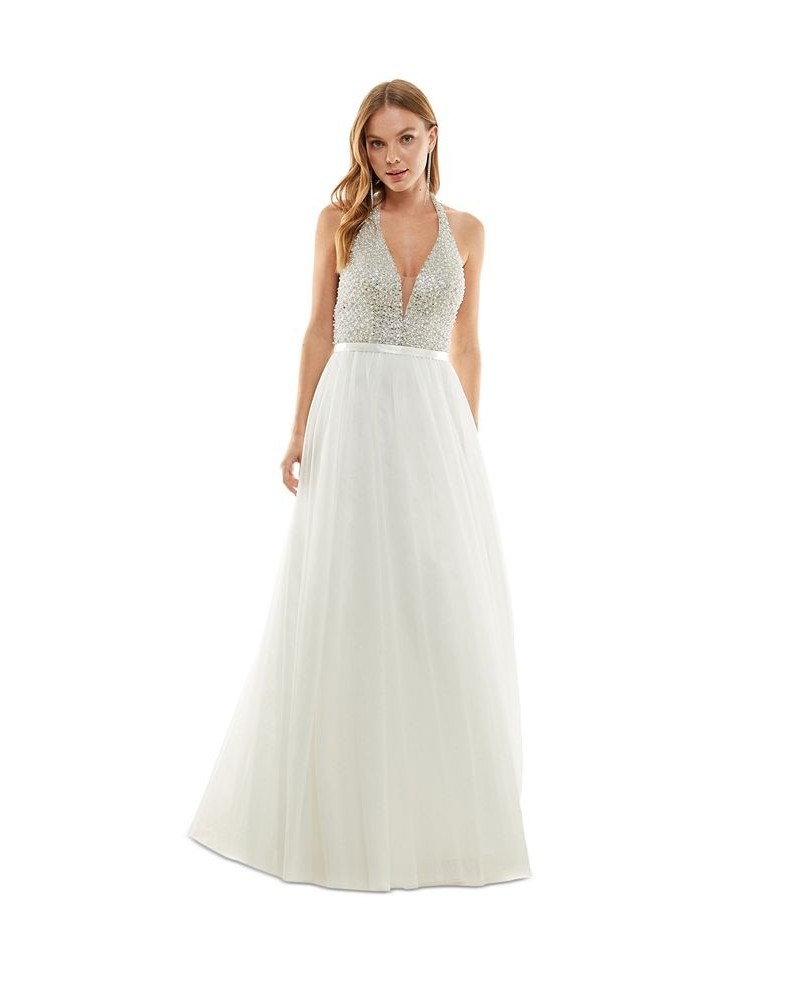 Juniors' Bead-Embellished Sleeveless Halter Gown Ivory $47.60 Dresses