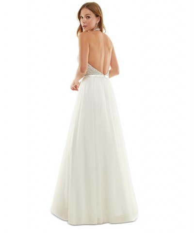 Juniors' Bead-Embellished Sleeveless Halter Gown Ivory $47.60 Dresses