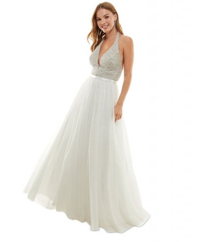 Juniors' Bead-Embellished Sleeveless Halter Gown Ivory $47.60 Dresses