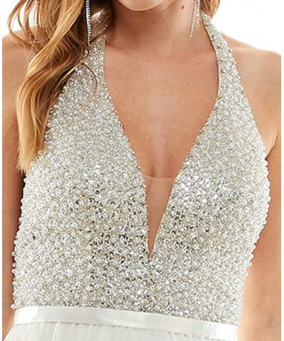 Juniors' Bead-Embellished Sleeveless Halter Gown Ivory $47.60 Dresses