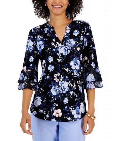 Petite Floral V-Neck Flutter-Sleeve Top Black Multi $21.56 Tops