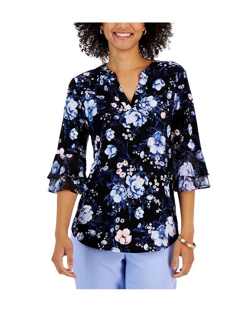 Petite Floral V-Neck Flutter-Sleeve Top Black Multi $21.56 Tops