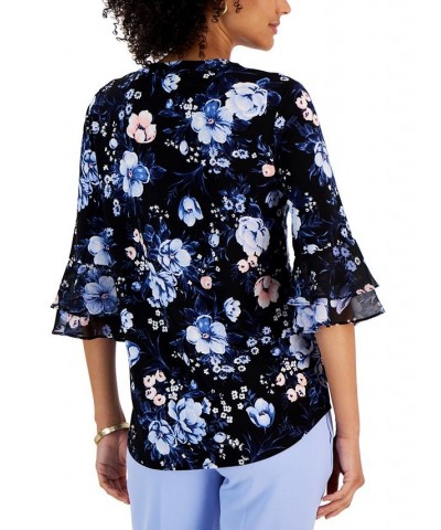 Petite Floral V-Neck Flutter-Sleeve Top Black Multi $21.56 Tops