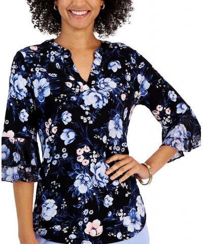 Petite Floral V-Neck Flutter-Sleeve Top Black Multi $21.56 Tops