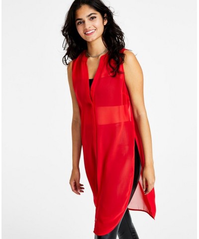 Women's Sleeveless Chiffon Button-Front Tunic Red $19.81 Tops