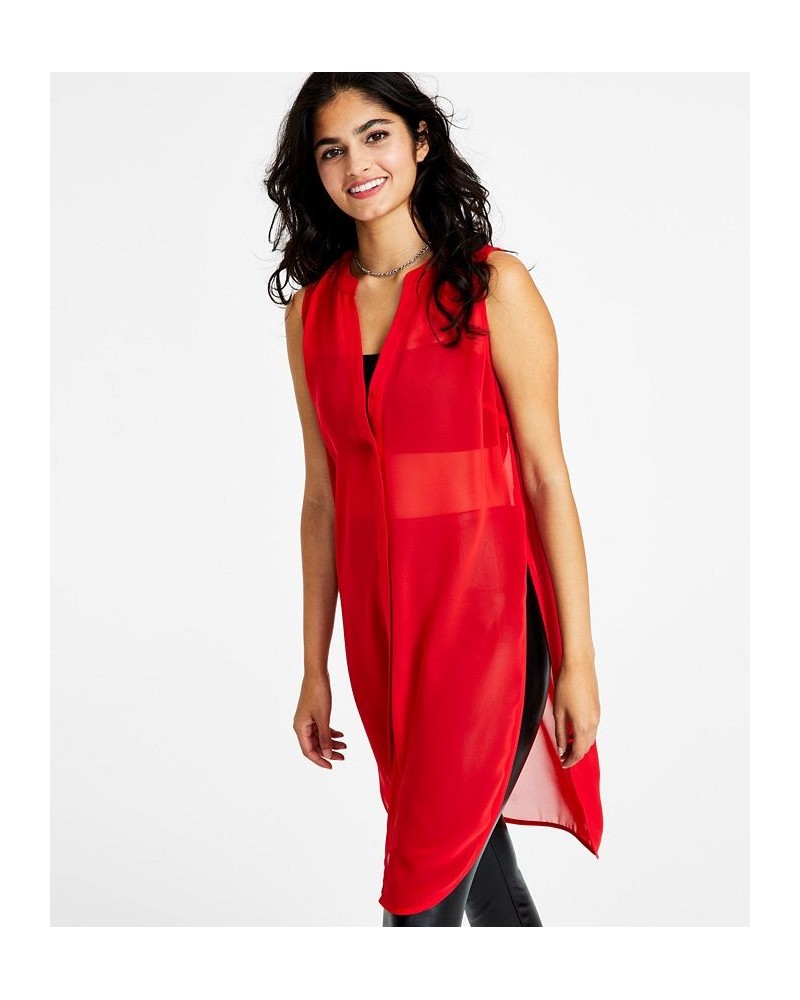 Women's Sleeveless Chiffon Button-Front Tunic Red $19.81 Tops