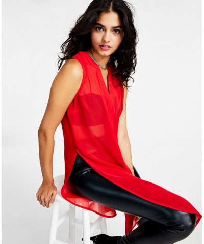 Women's Sleeveless Chiffon Button-Front Tunic Red $19.81 Tops