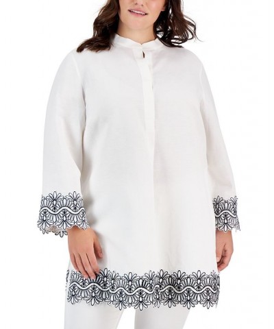 Plus Size Embroidered Split-Neck Popover Top White $59.77 Tops