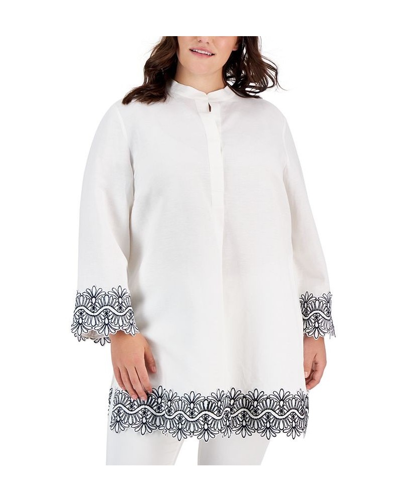 Plus Size Embroidered Split-Neck Popover Top White $59.77 Tops