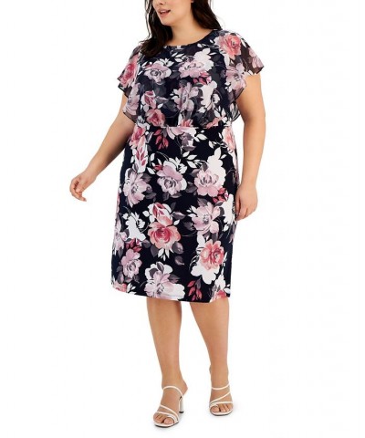 Plus Size Floral-Print Flutter-Sleeve Midi Dress Navy/Mauve $52.47 Dresses