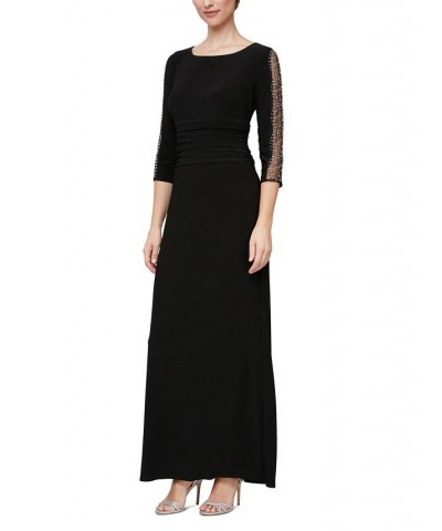 Petite Ruched 3/4-Sleeve Gown Black $56.99 Dresses