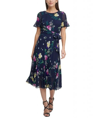 Petite Printed Godet-Skirt Midi Dress Navy Multi $56.99 Dresses