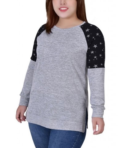 Plus Size Long Sleeve Knit with Print Shoulder Insets Top Gray $12.56 Tops