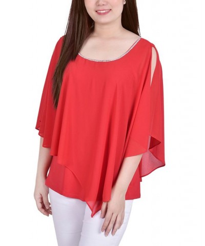 Women's Chiffon Poncho Top with Sparkle Accents Red and Silver $19.47 Tops